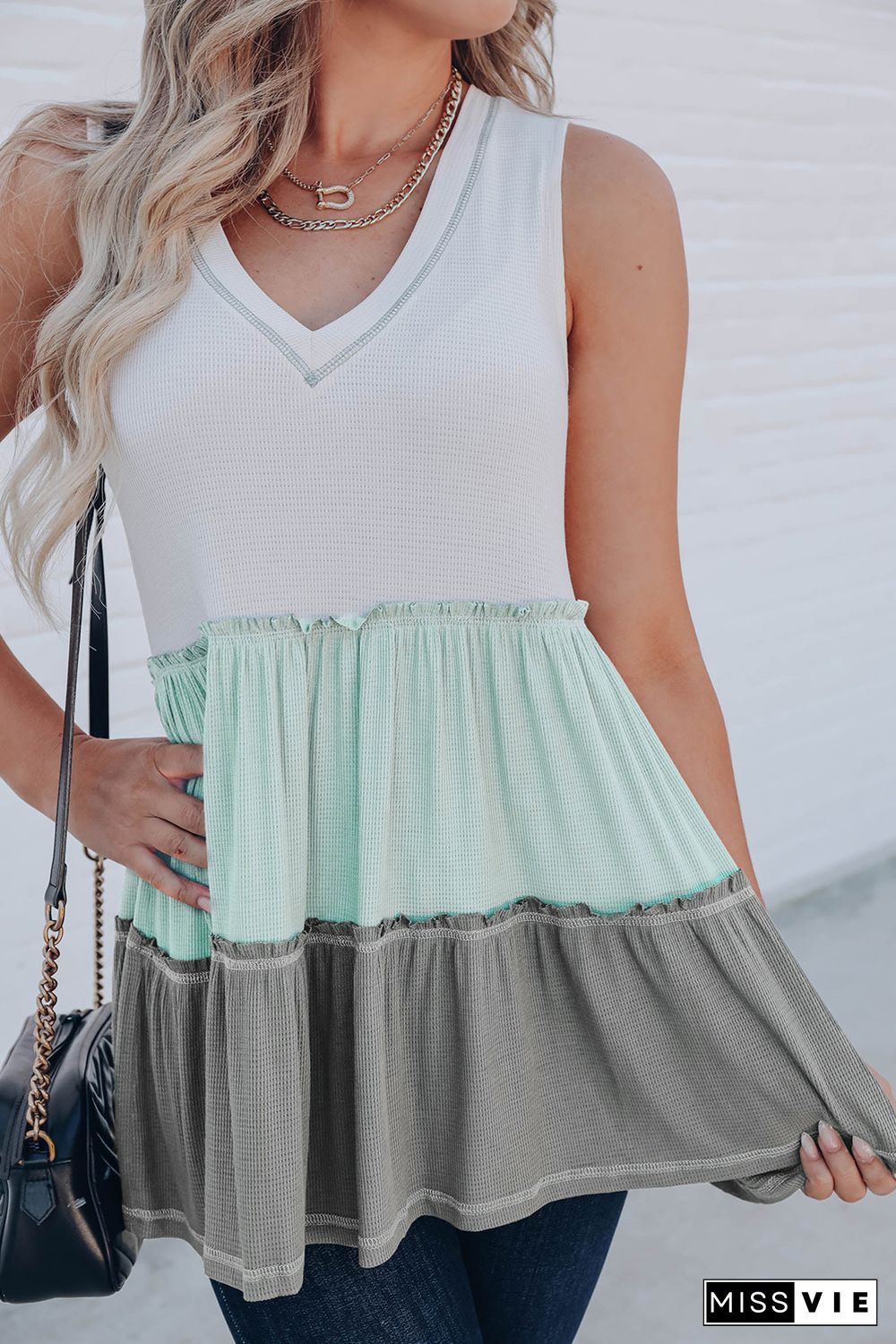 Green Ruffled V Neck Color Block Tank Top