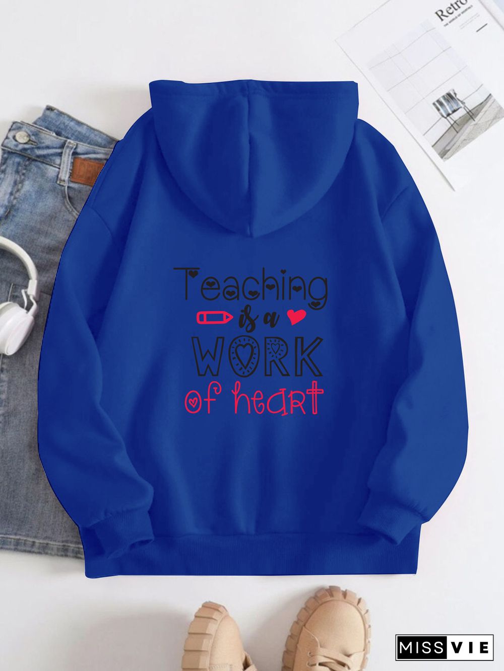 Printed on the Back Kangaroo Pocket Hoodie Long Sleeve for Women Pattern Teaching work of heart