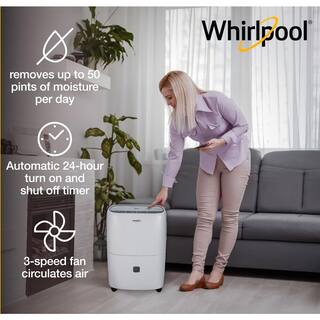 Whirlpool 50-Pint Portable Dehumidifier with Built-In Pump 24-Hour Timer Auto Shut-Off Easy-Clean Filter and Auto-Restart WHAD50PCW