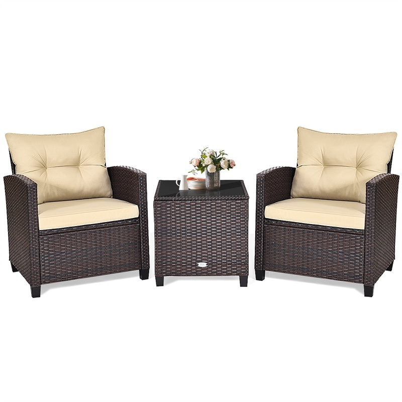 3 Pcs Rattan Patio Conversation Set Outdoor Wicker Sofa Set with Washable Cushions & Coffee Table