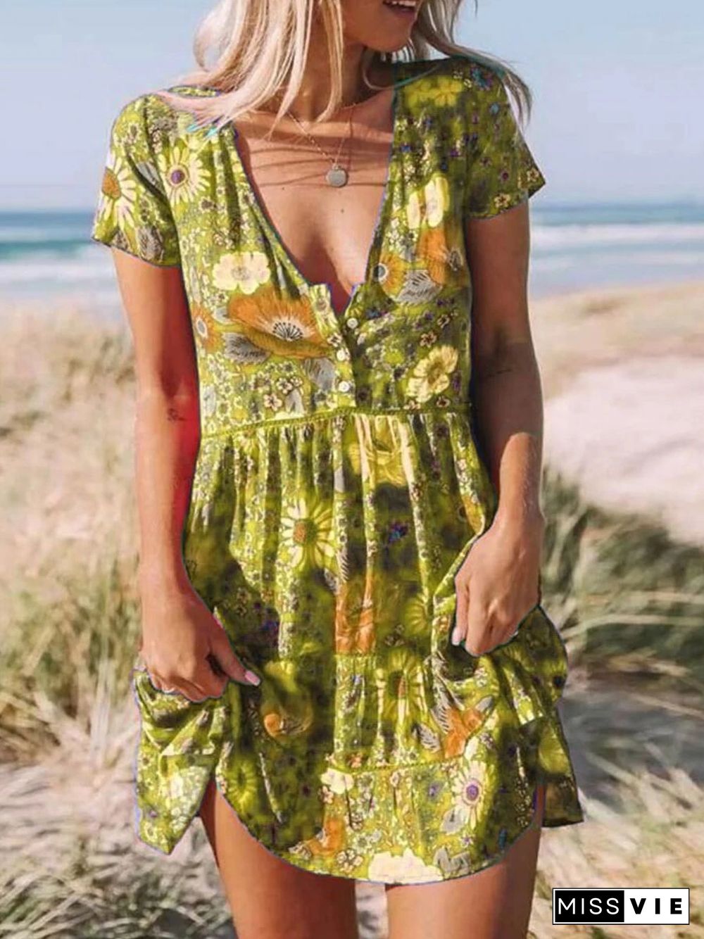 V-neck Short Sleeve Boho Print Mini Dress P16313