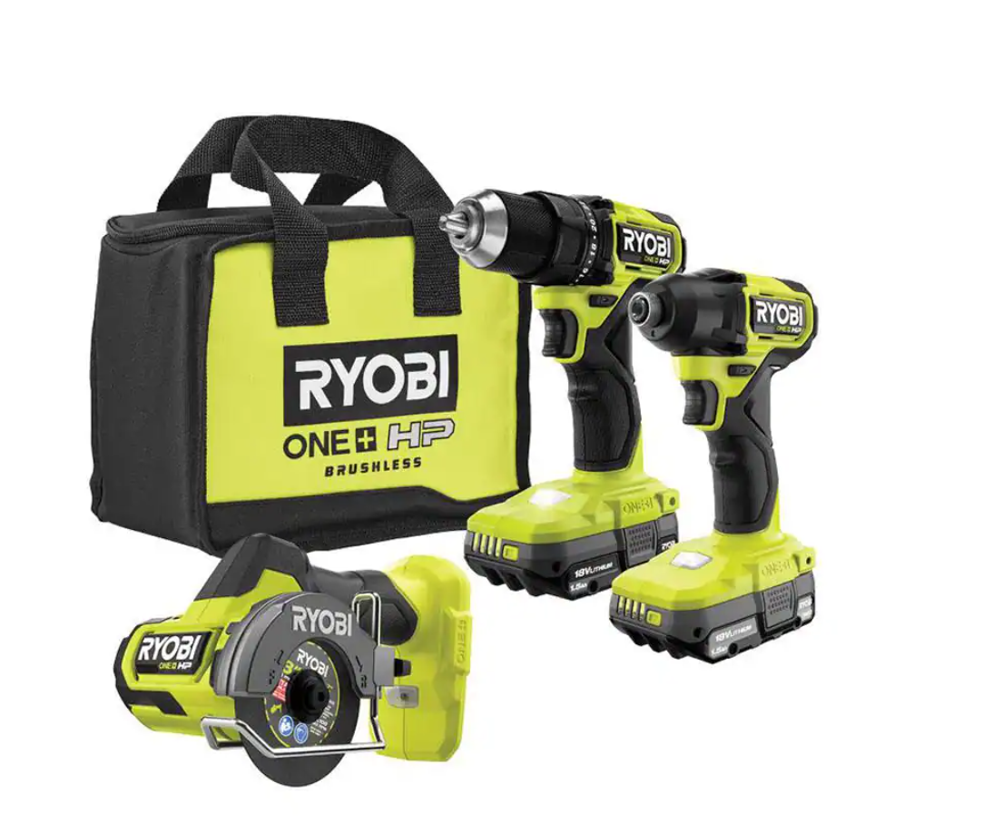 RYOBI PSBCK01K-PSBCS02B ONE+ HP 18V Brushless Cordless Compact 1/2 in. Drill/Driver， Impact Driver， Cut-Off Tool， (2) Batteries， Charger， Bag