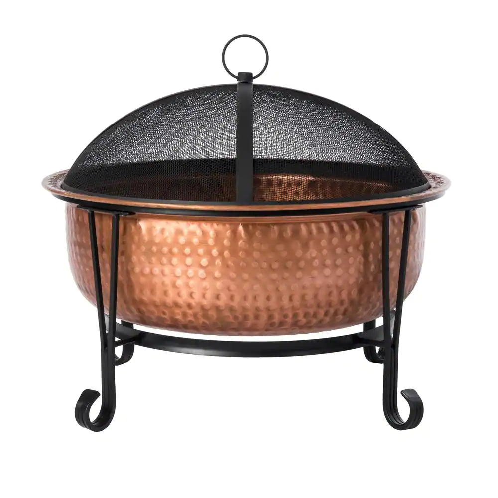 Fire Sense Palermo 26 in. x 21 in. Round Hammered Wood Burning Fire Pit in Copper With Fire Tool