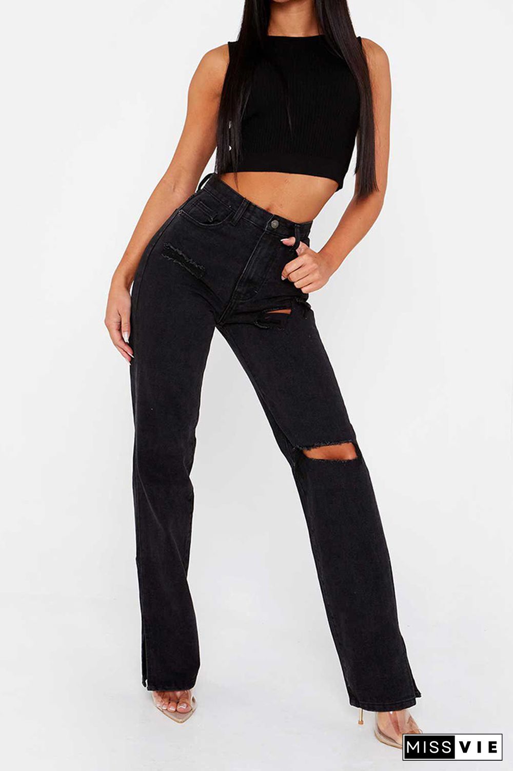 Washed Rip Split Jeans Pants