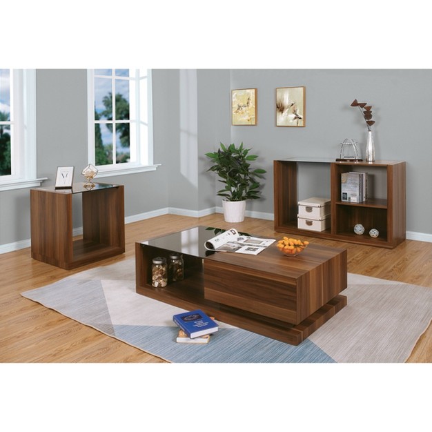 3pc Glena Coffee Console And End Table Set With Black Tempered Glass Insert Dark Walnut Mibasics