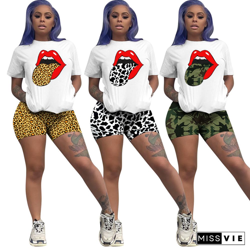 Hot-Selling Lip Print Short-Sleeved T-shirt and Shorts Two-piece Set