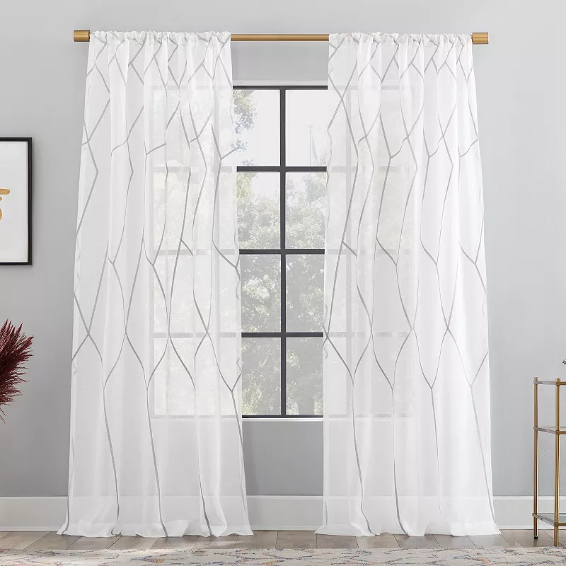 Scott Living Azlan Geometric Embroidery Sheer Rod Pocket Window Curtain