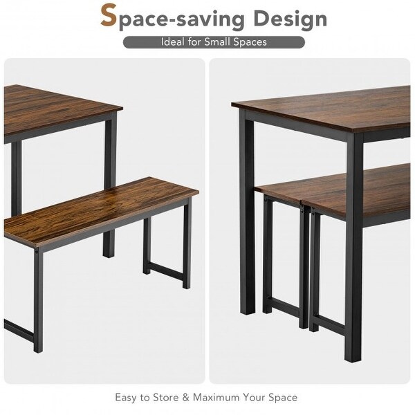 3 Pieces Modern Dining Table Bench Set with Wooden Tabletop and Metal Frame