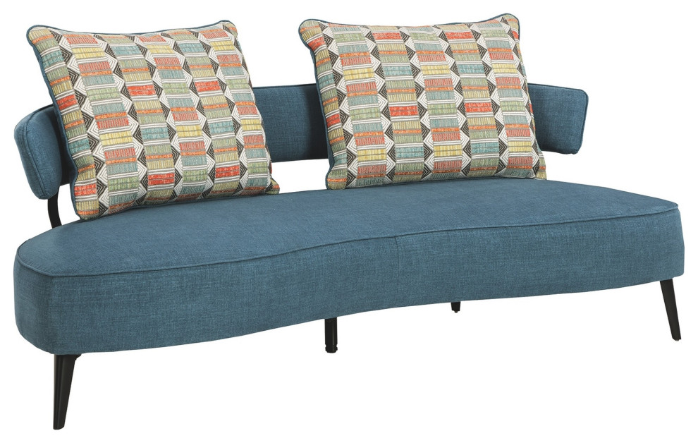 Fabric Upholstered Split Back Curved Sofa With Metal Legs  Blue   Midcentury   Sofas   by VirVentures  Houzz