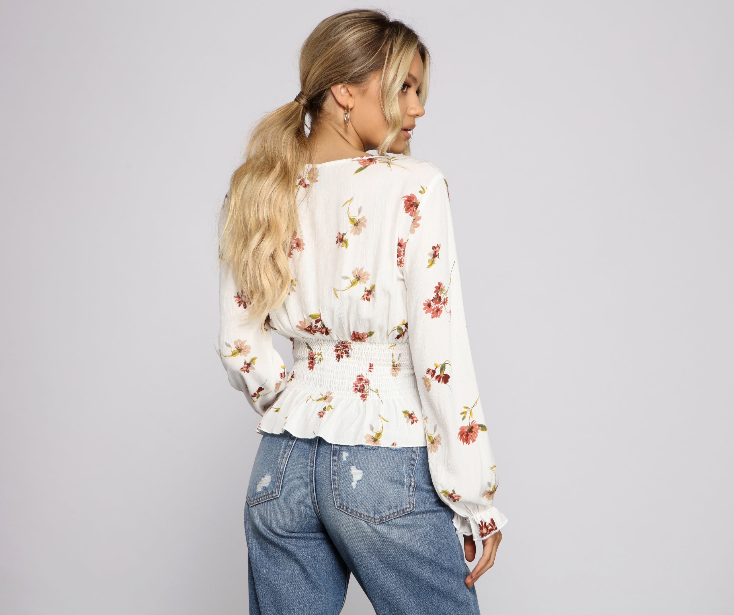 Smocked Long Sleeve Floral Surplice Gauze Top