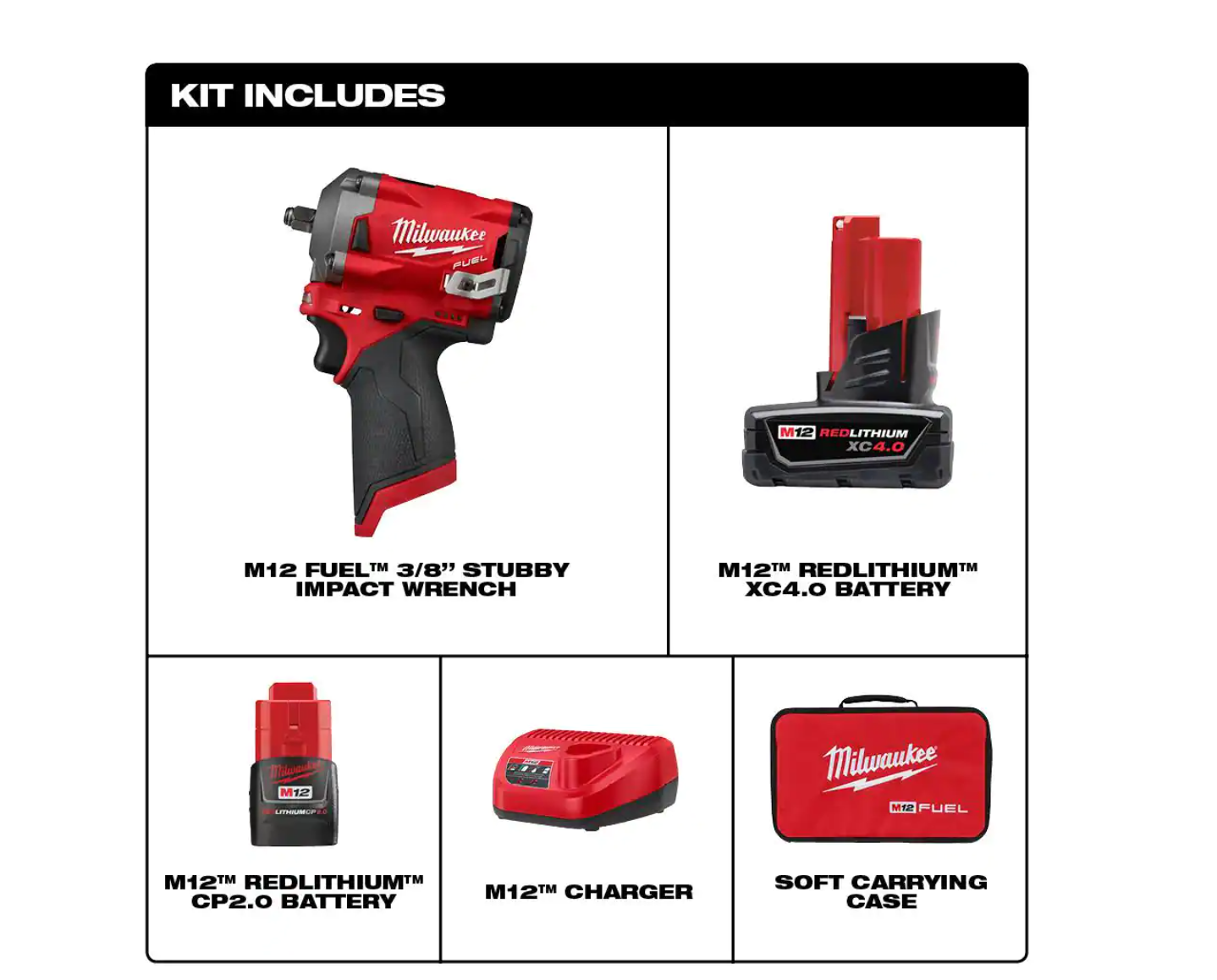 Milwaukee 2554-22-48-11-2440 M12 FUEL 12V Lithium-Ion Brushless Cordless Stubby 3/8 in. Impact Wrench Kit With M12 4.0Ah Battery