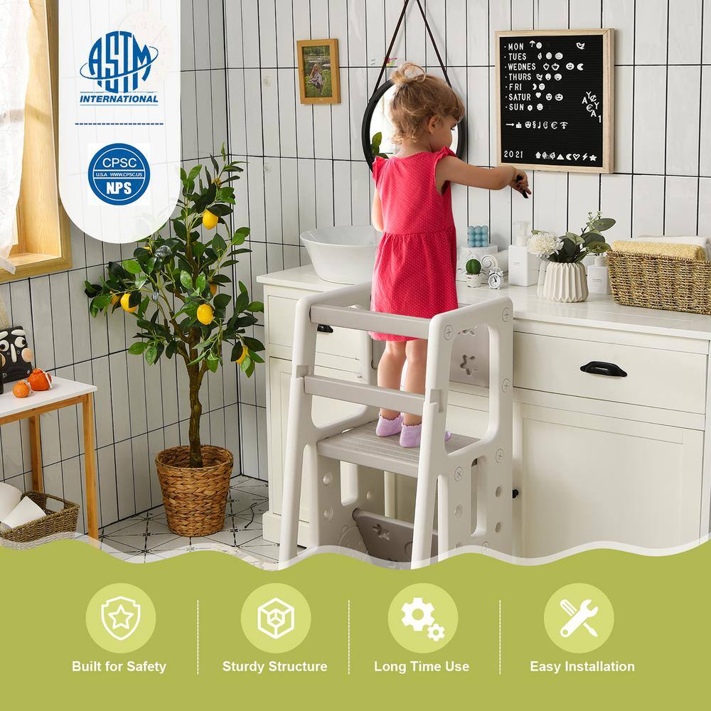 Costway Kids Kitchen Step Stool with Double Safety Rails Toddler Learning Stool Gray HY10011HS