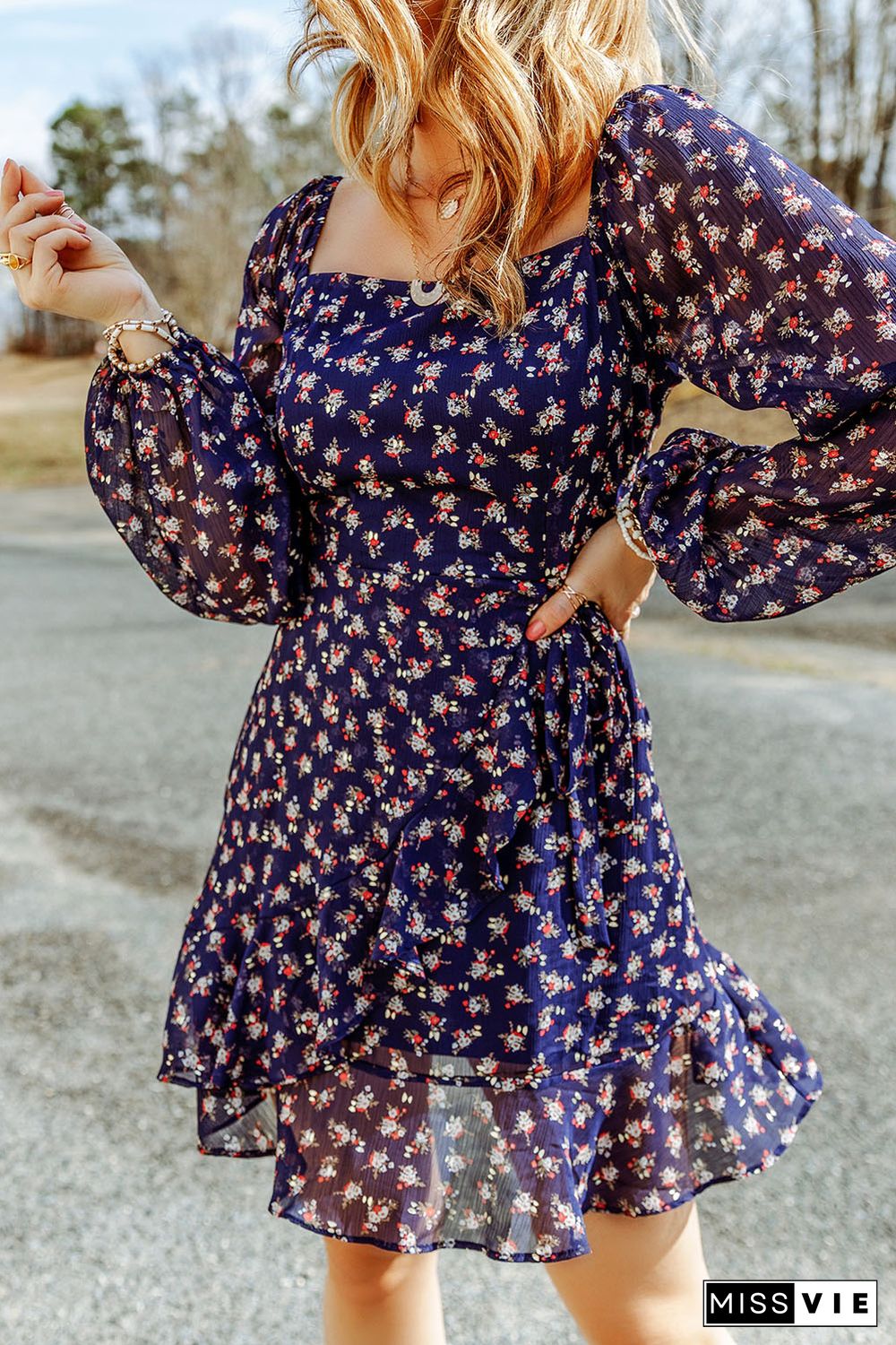 Blue Floral Print Smocked Square Neck Bubble Sleeve Dress