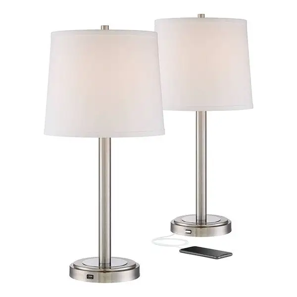 Set of 2 Modern Table Lamps with USB Brushed Steel Off White - 12