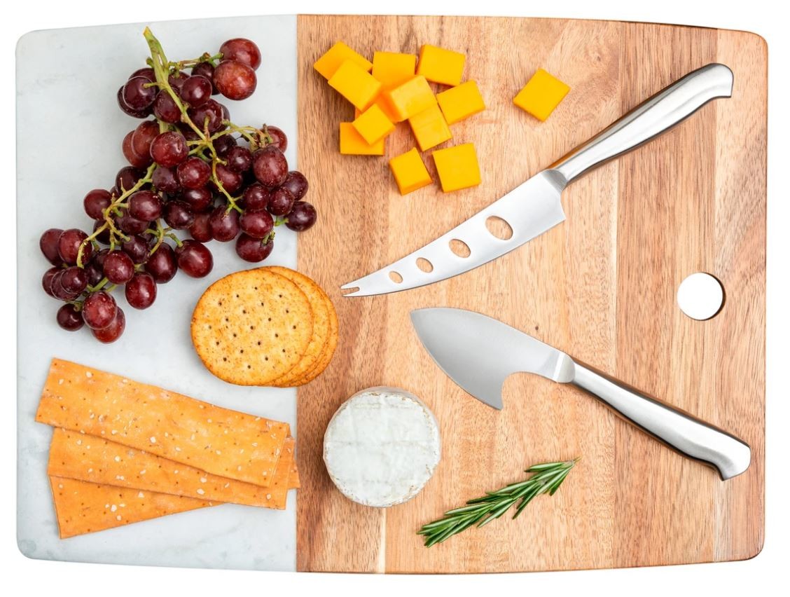 Core Kitchen Marble and Acacia Server Board Set with Cheese Knives， 3-piece Set