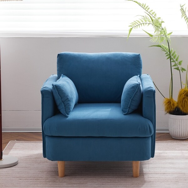 Modern Corduroy fabric Club Chair，Upholstered Reading Chair，Armchair with Solid Wooden Feet and 2 Pillow