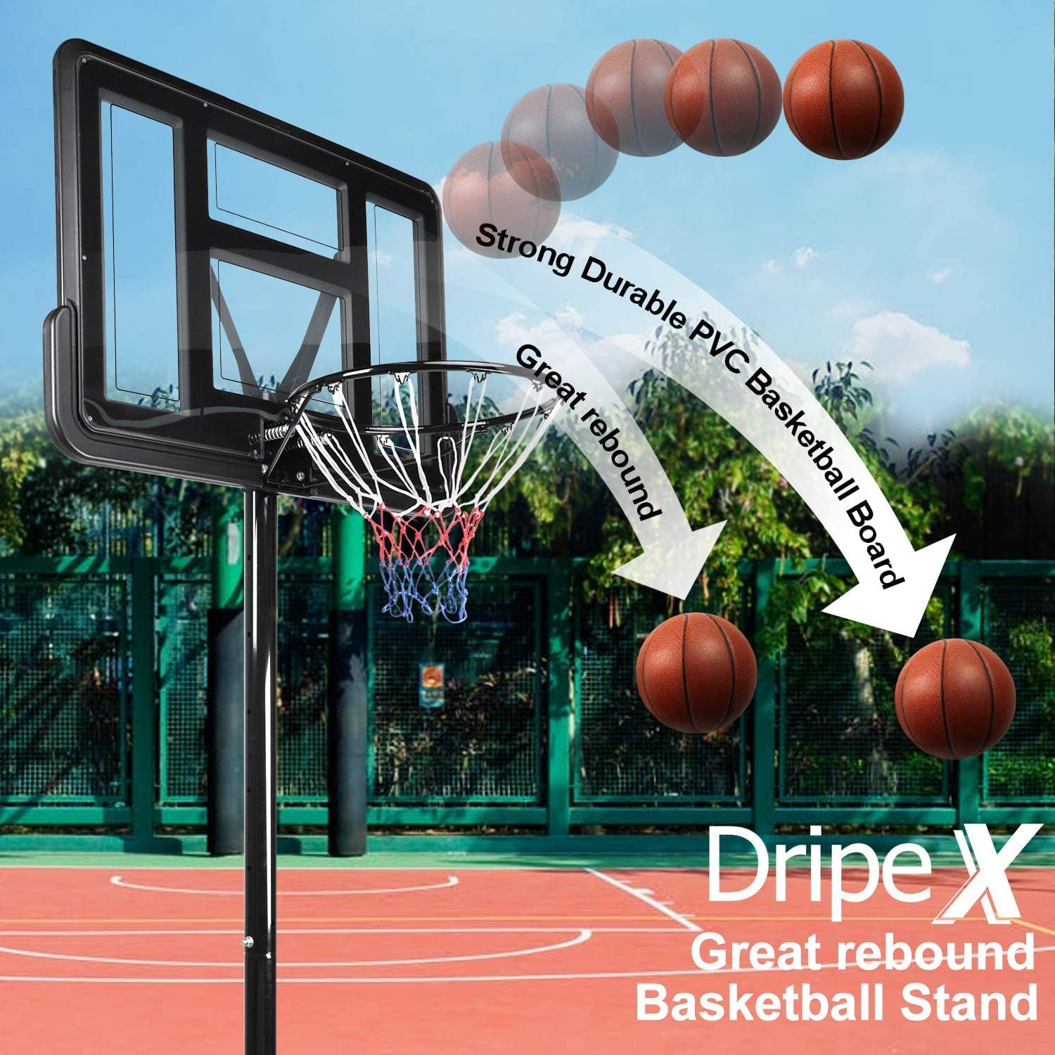 Dripex Portable Basketball Hoop and Goal Adjustable Height 4.4 -10FT， 43” Basketball Backboard Stand with Wheels and Fillable Base Professional Court System for Adults Teenagers Indoor/ Outdoor， Black