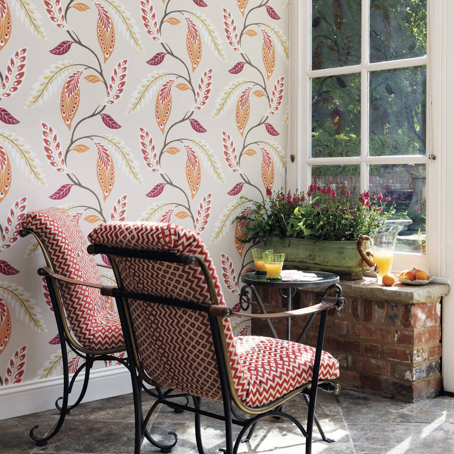 Fontibre Wallpaper in Aqua and Coral Red by Nina Campbell for Osborne & Little