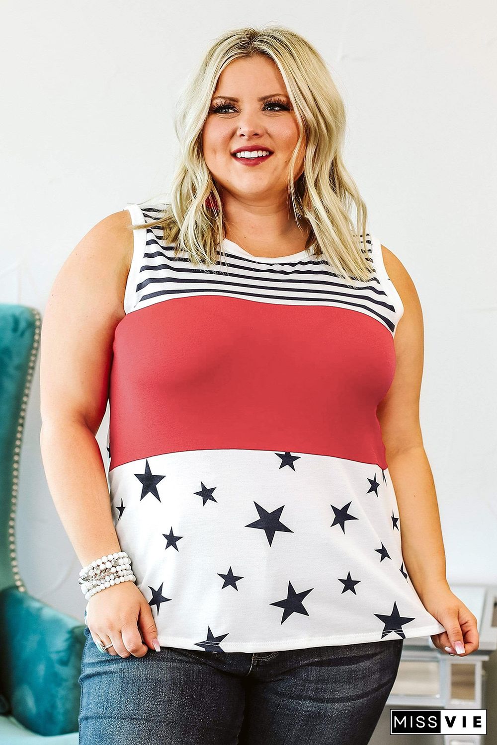 Patriotic Stripes Stars Print Sleeveless Plus Size Top