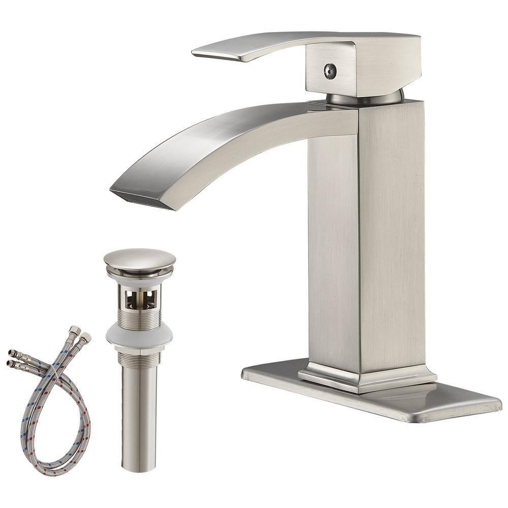 BWE Waterfall Single Hole SingleHandle LowArc Bathroom Sink Faucet With Popup Drain Assembly In Brushed Nickel