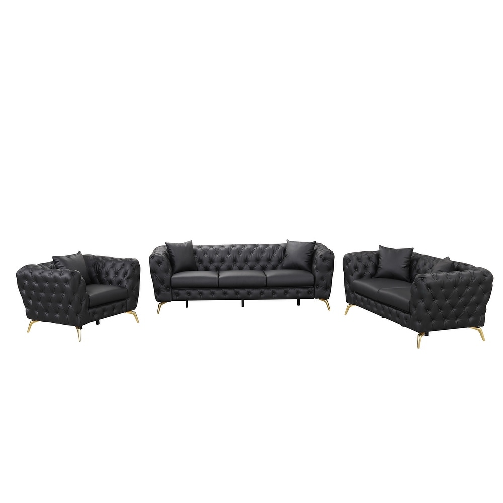 Black PU Button Tufted Upholstered Sofa Set with Pillows  3 Seater + Loveseat + Single Sofa