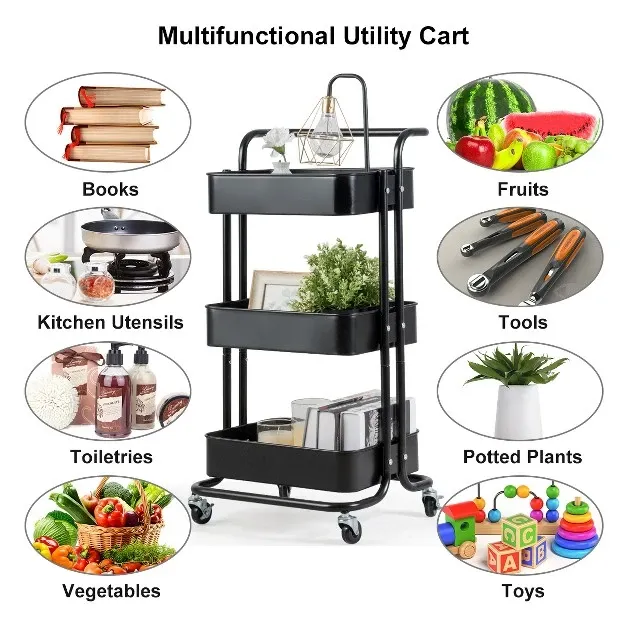 3 tier Metal Rolling Storage Cart Trolley Kitchen 2 Brakes W handle Black