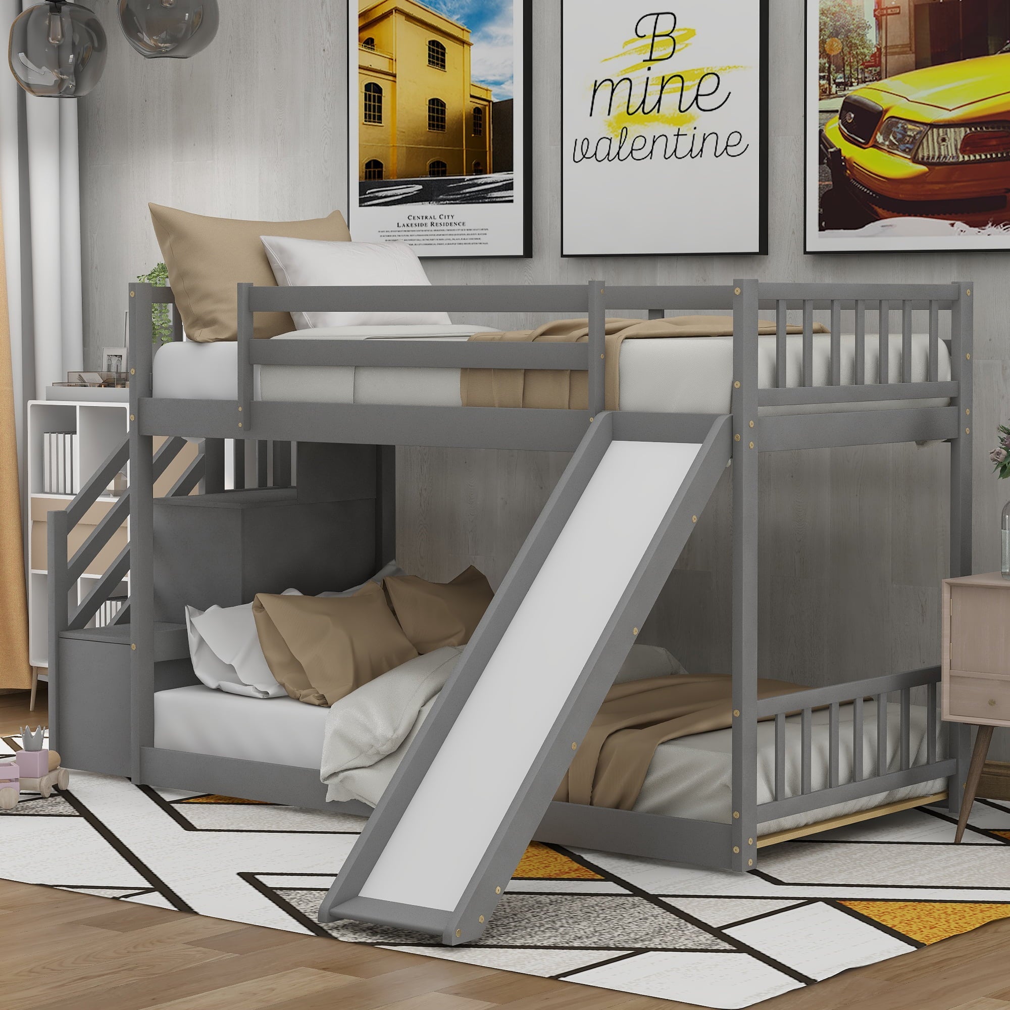 Euroco Twin Over Twin Bunk Bed with Slide and Stairway for Kids, Gray