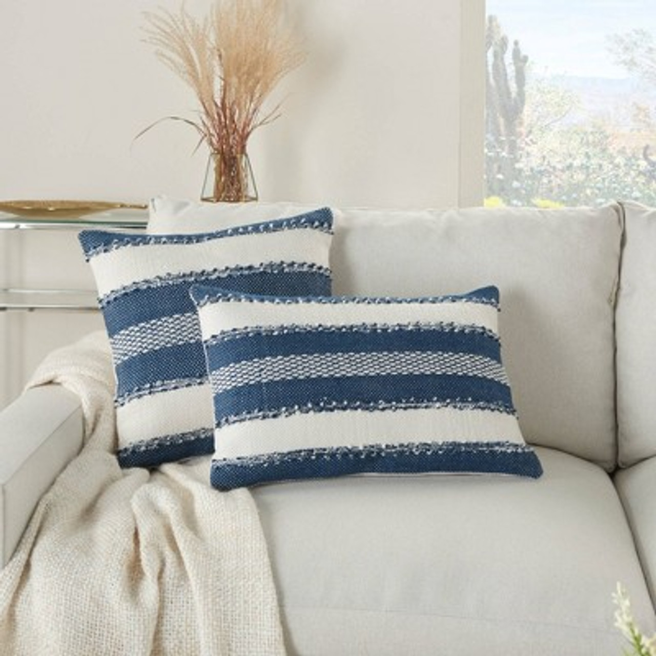 18x18 Woven Striped and Dots Indoor/Outdoor Square Throw Pillow Navy - Mina Victory