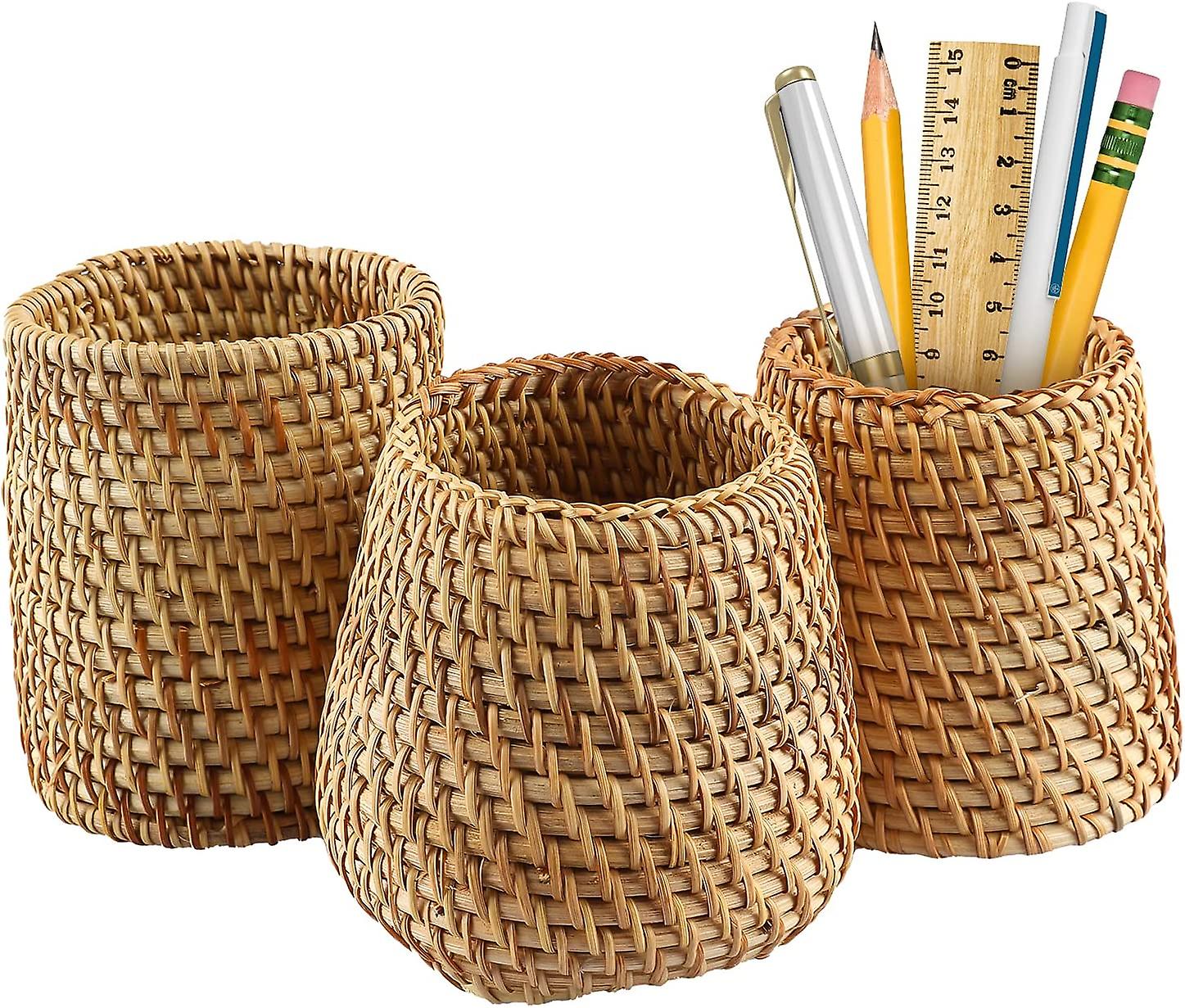 Set Of 3 Rattan Pen Holder Cups Hand Woven Wicker Makeup Brush Storage Basket Kitchen Cookware Organizer Caddy Home Table Decor Yellow -