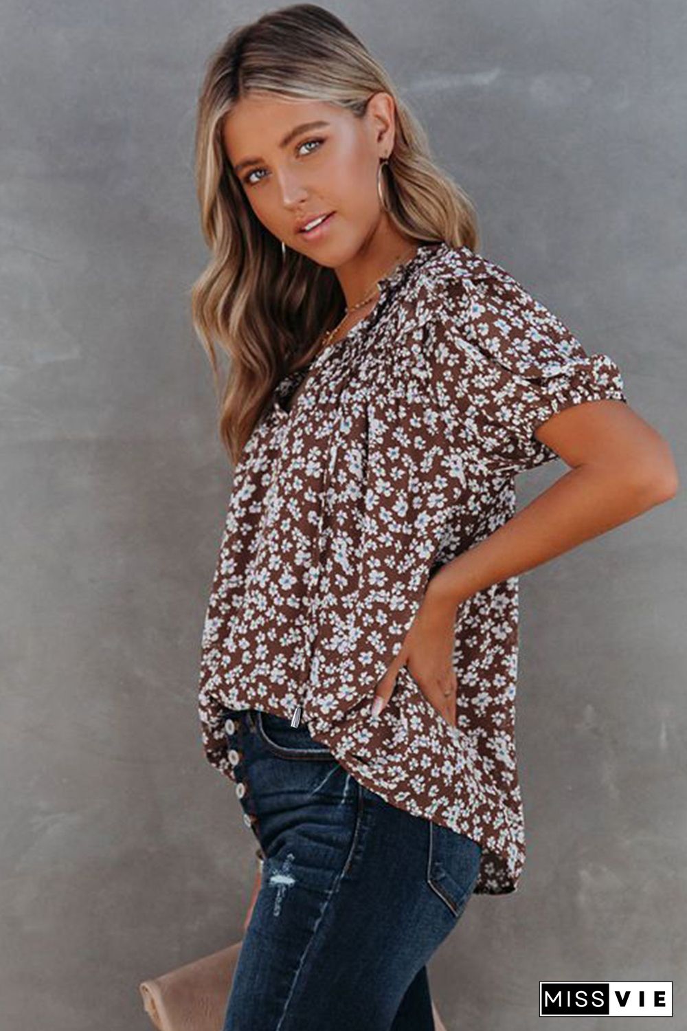 Floral Print Smocked Ruffled V Neck T-shirt