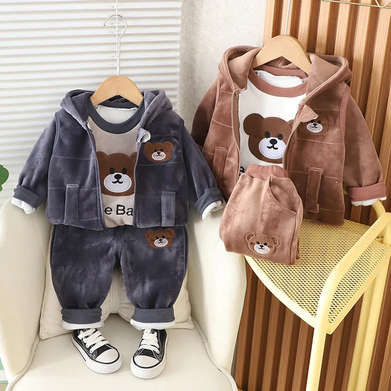 Children Fashion Cartoon Outfit Girls Bear Double-Sided Cute Velvet Padded Three-Piece Winter New Boys Warm Casual Hooded Suit