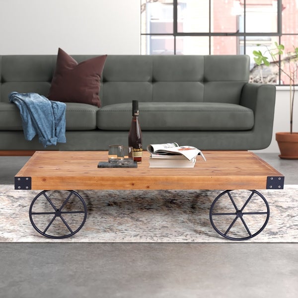 Sophia and William Rustic Coffee Table with Metal Wheels