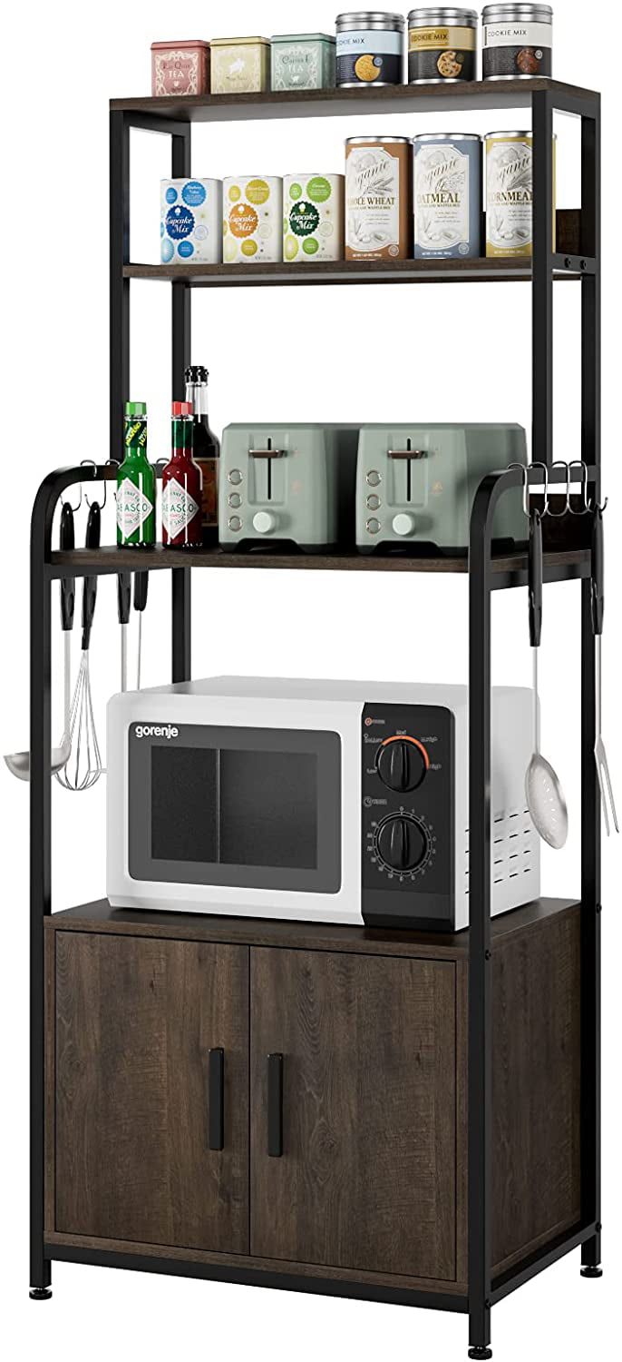 Pedy Industrial Kitchen Baker's Rack with Shelf and Storage Cabinet， 4-Tier Microwave Oven Stand with 6 Hooks