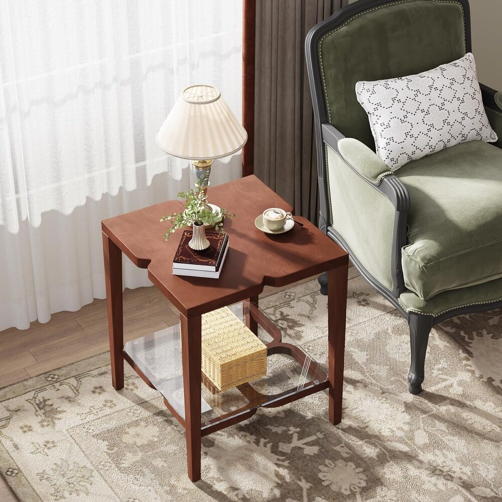 Wood Side Table  2 Tier End Table with Tempered Glass  Bedside Table