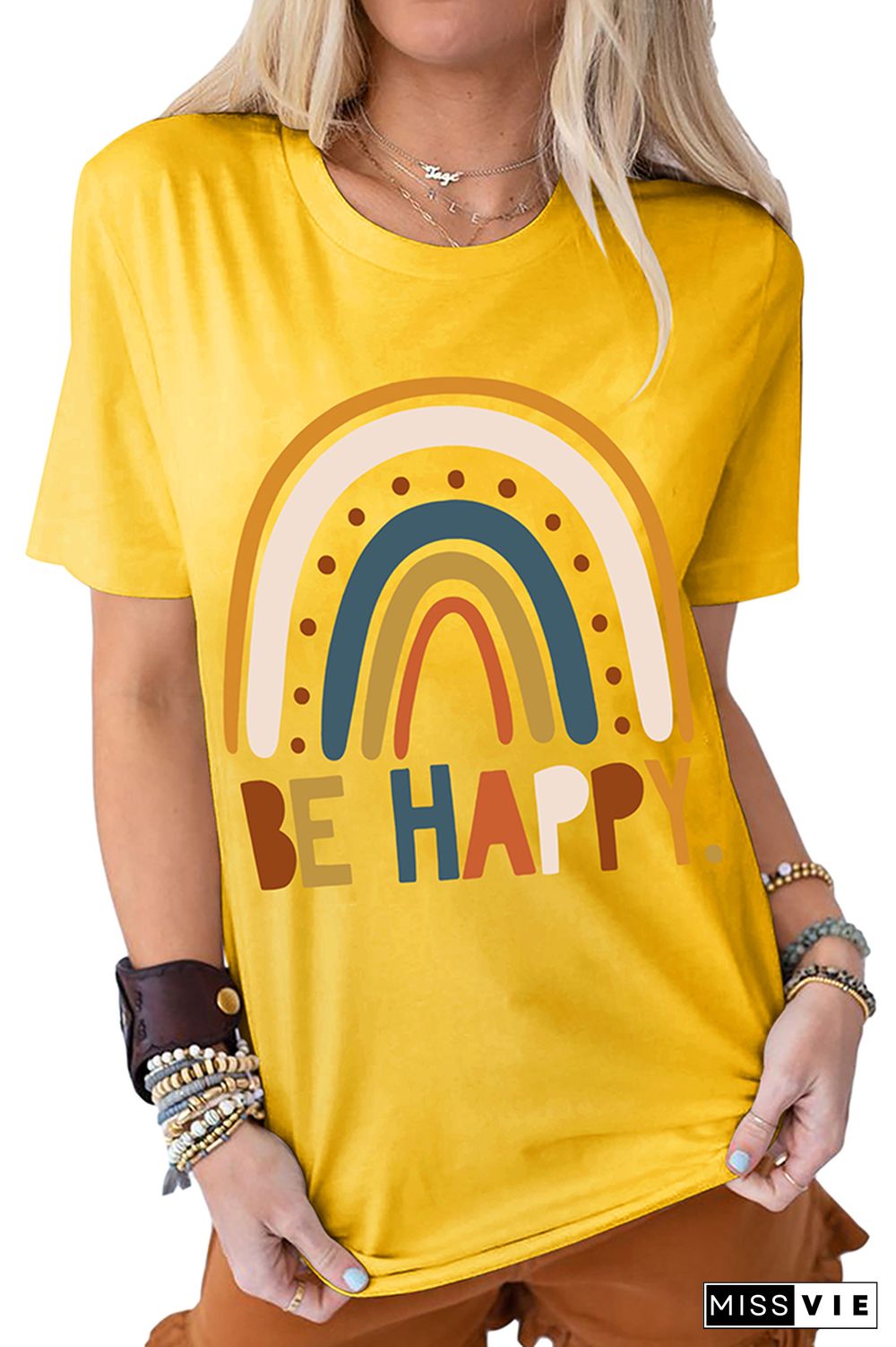 Be Happy Print Graphic Tees for Women Wholesale Short Sleeve T shirts Top