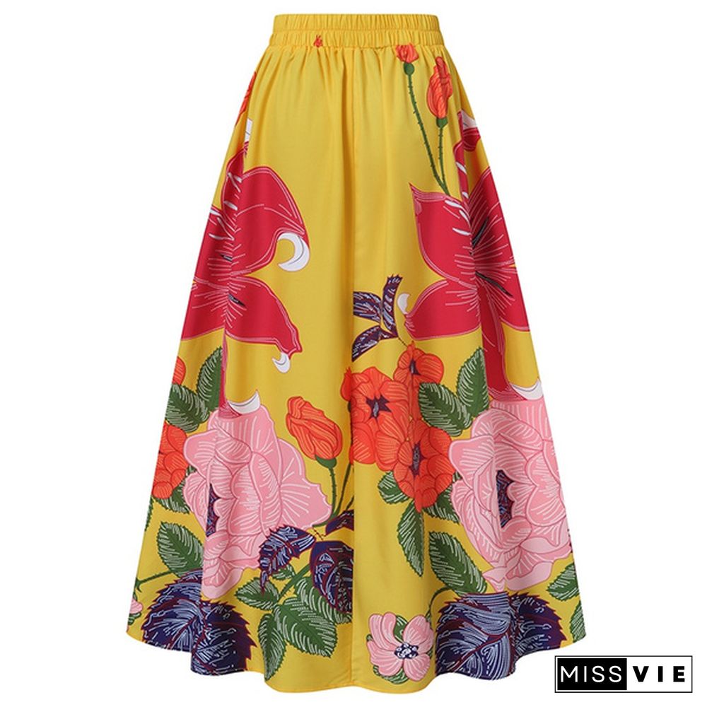 Fashion Women Floral Printed Maxi Skirt High Waist Party Casual Umbrella Long Skirt Dress Plus Size