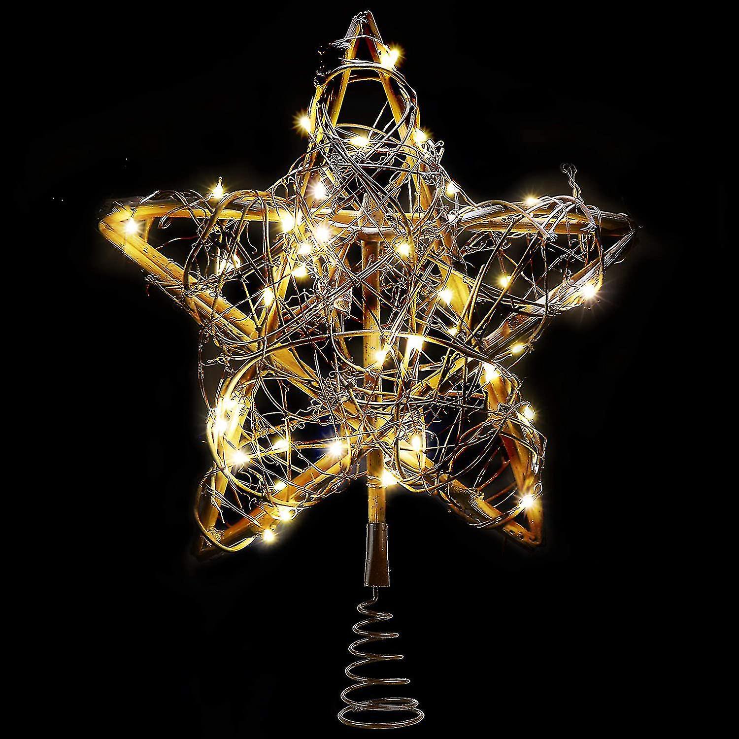 Christmas Star Tree Topper With 30 Led Warm White Copper Lights， Vintage Rattan Natural Christmas De