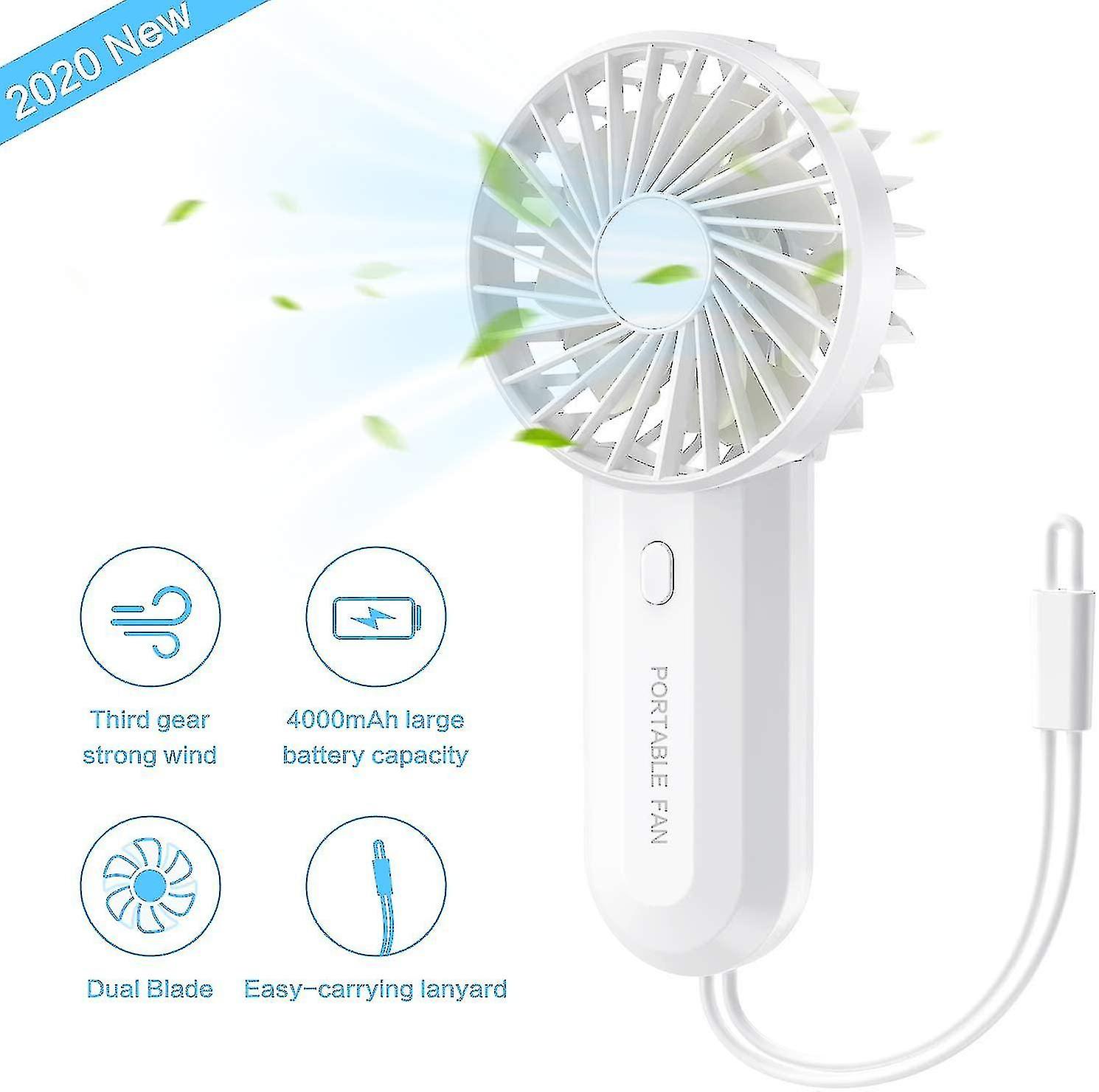 Hand Fan Battery Powered， 4000mah Double Blade Portable Mini Fan Usb Fan Rechargeable， Powerful Wind， 3-speed， Lanyard Fan For Offices， Home， Travel-w