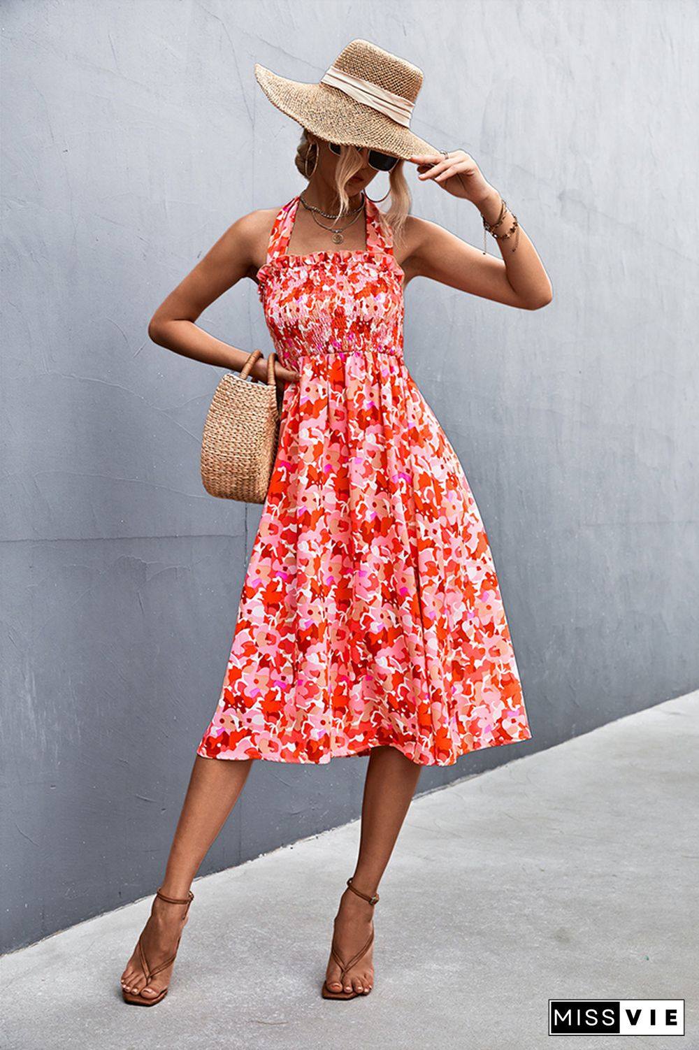 Ruffle Printing Halter Dress Wholesale