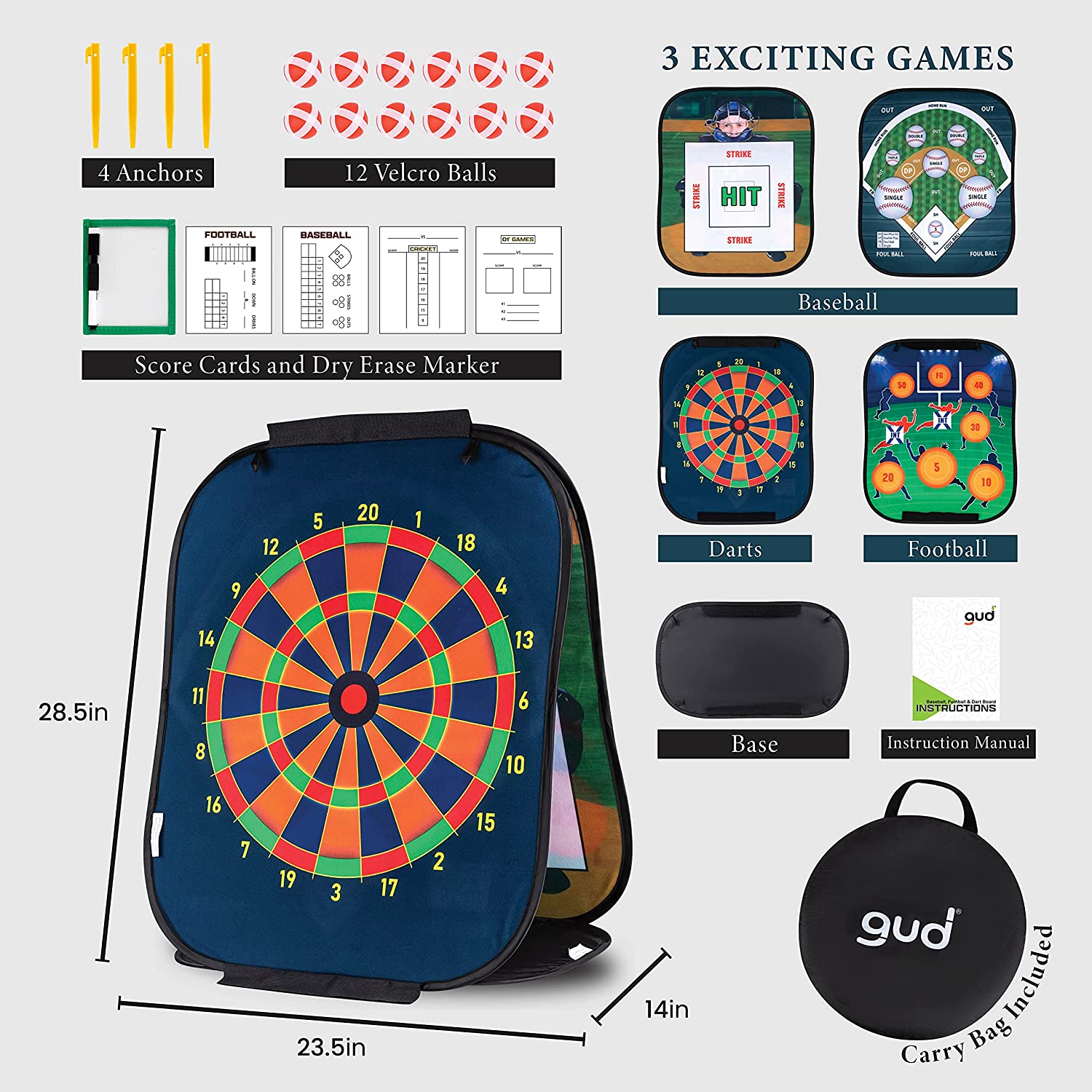 GUD 3 in 1 Dart Board， Football， Baseball sports Game， Target Toss Toys， Kids Adults and Family sports Gift Set， Indoor Outdoor Yard Lawn Boys Birthday All Year Old Ages