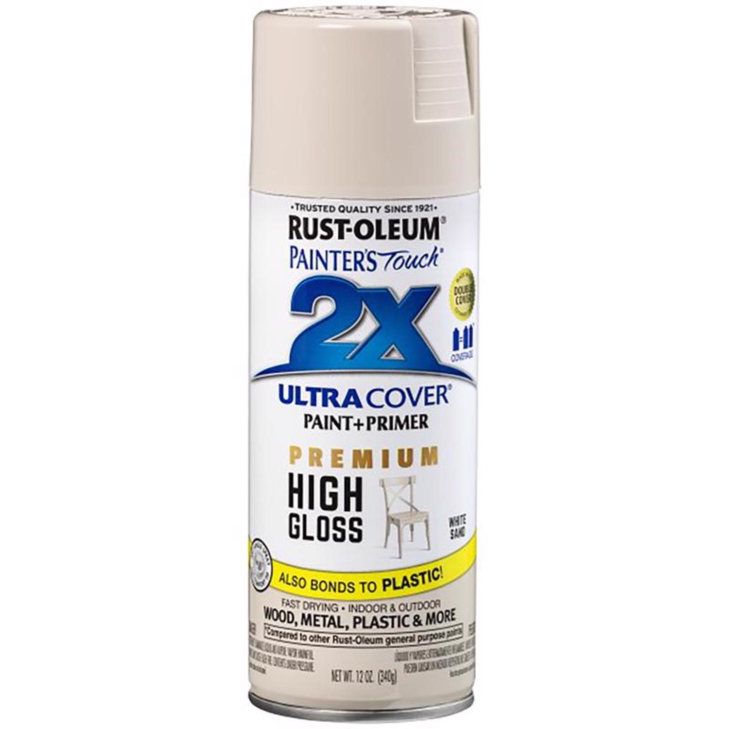 Rust-Oleum Painter\u0027s Touch 2X Ultra Cover High-Gloss White Sand Paint+Primer Spray Paint 12 oz