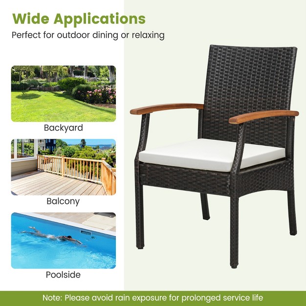 Costway 5pcs Patio Wicker Dining Set Cushion Acacia Wood Armchairs Table With Umbrella Hole