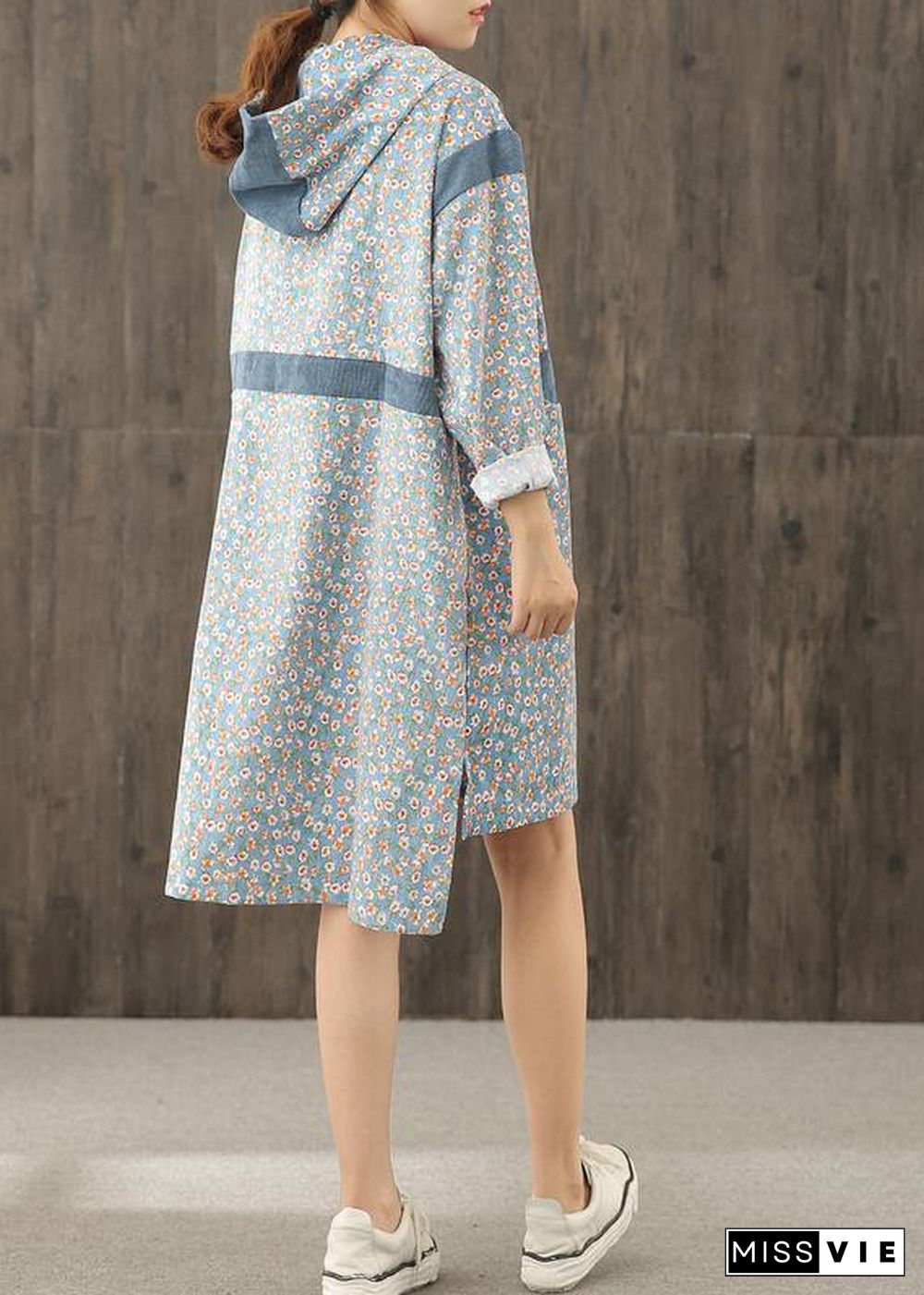 Simple blue print hooded patchwork shift Dresses