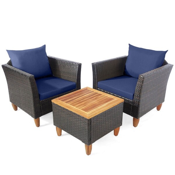 3 Pieces Patio Rattan Bistro Furniture Set with Wooden Table Top