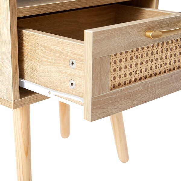 Nightstand Rattan End Table With Outlet USB Ports And drawer - - 37454457