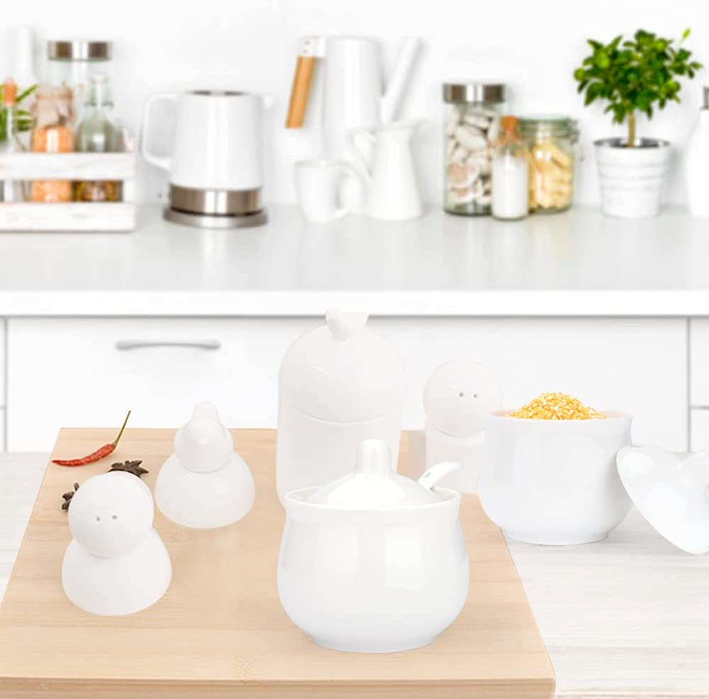 Porcelain Sugar Bowl with Lid and Spoon， Ceramic Salt Storage Jar， White Seasoni