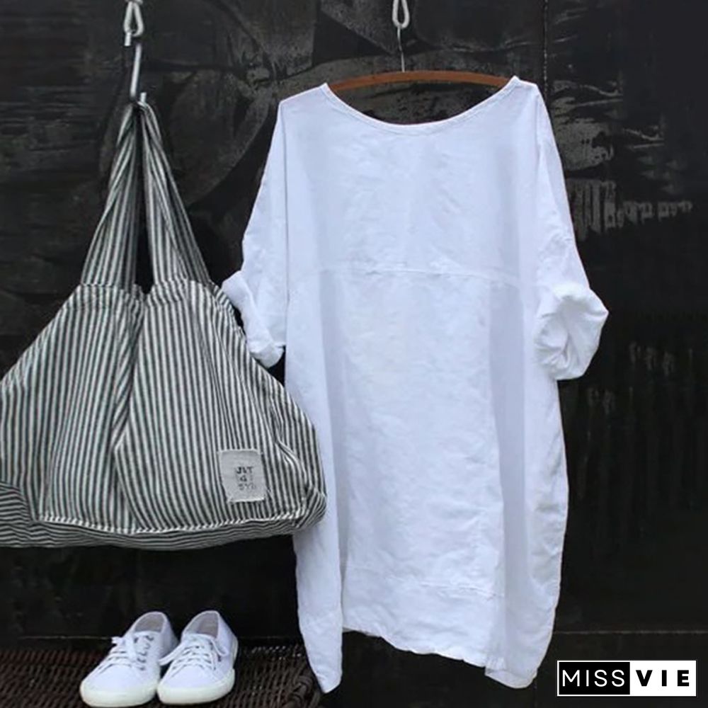 Casual Cotton Linen Round Neck Solid Stitching T-shirt