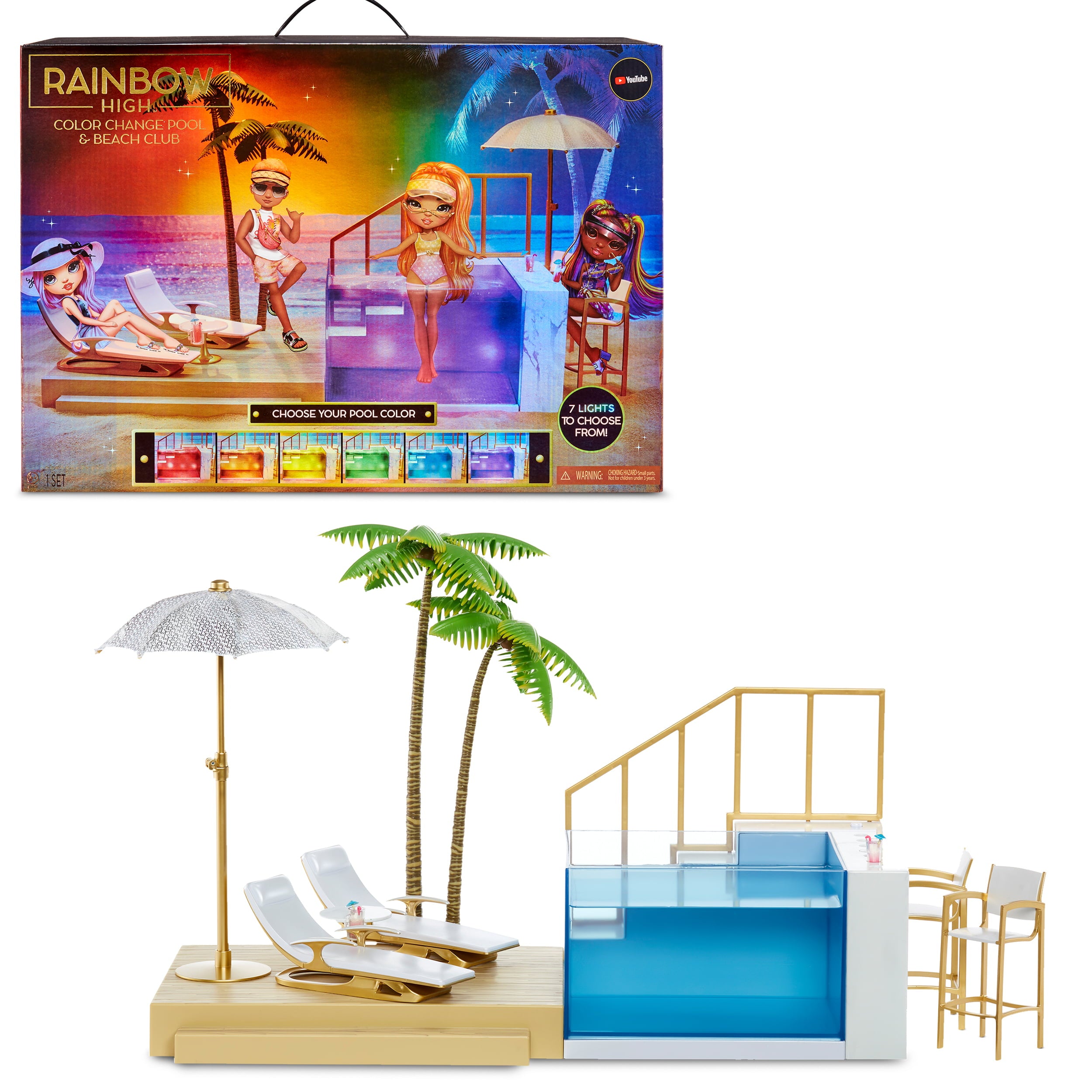 Rainbow High Color Change Pool and Beach Playset: 7-in-1 Light-Up-Multicolor Changing Pool and Pool Accessories. Fits 7 Fashion Dolls, Toy Gift for Kids Ages 6 7 8+ to 12
