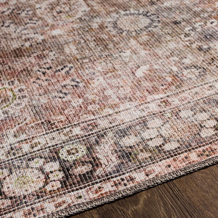 Bria Machine Washable Oriental Dusty Coral/Brick Red Area Rug