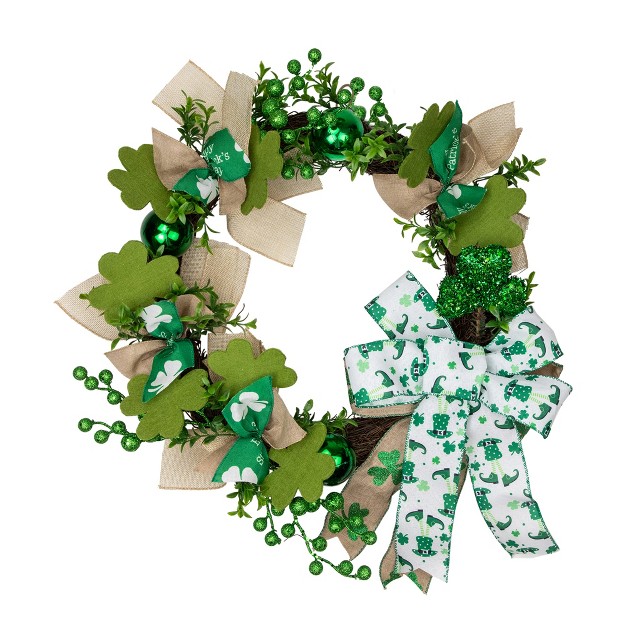 Northlight Burlap Bows And Shamrocks St Patrick x27 s Day Wreath 24 inch Unlit